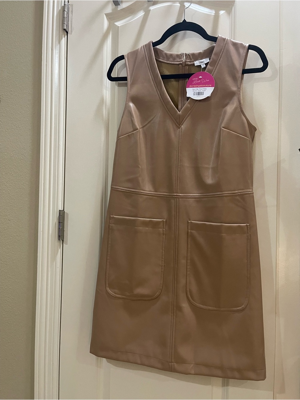 Voy Sleeveless V-Neck Faux Leather Shift Dress in Taupe